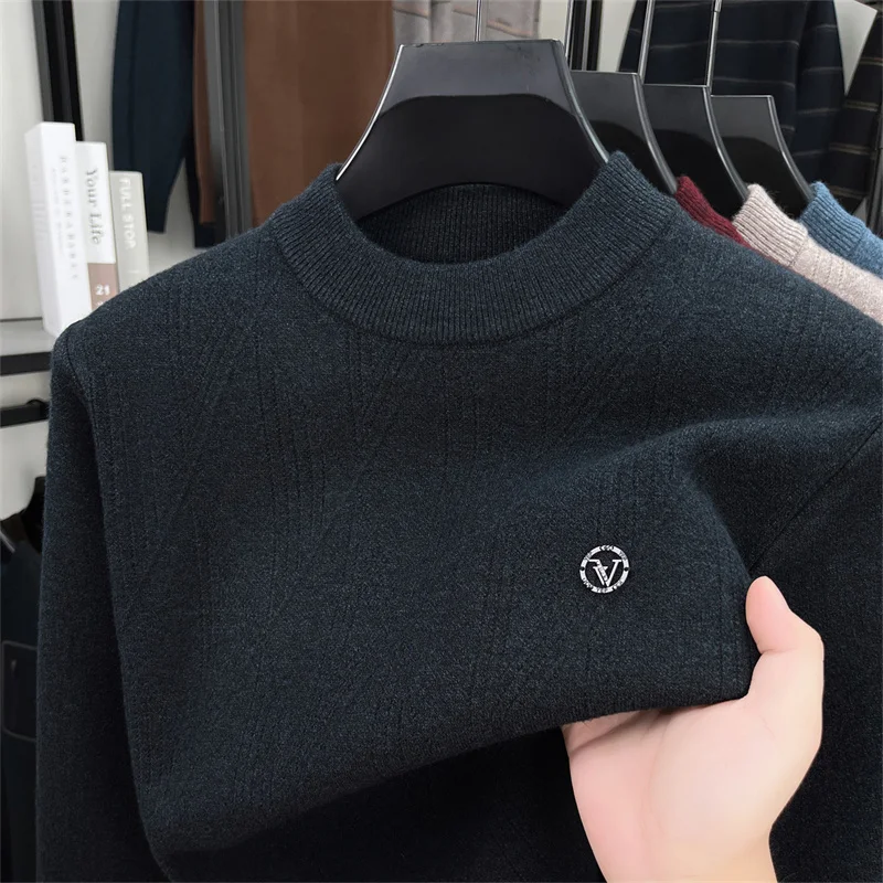 

High End Round Neck Men's Pullover Diamond Jacquard Knitted Sweater Winter Solid Color Sweater