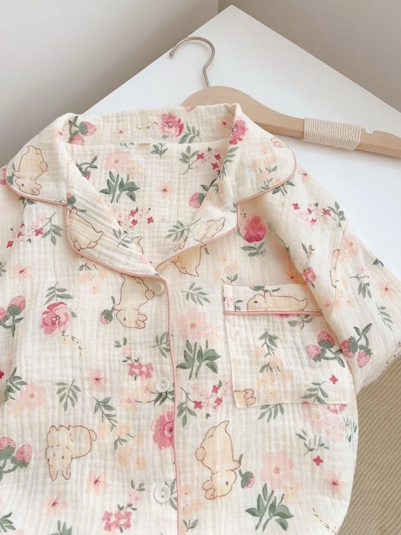 

Японский комплект домашней одежды из двухслойного хлопка для женщин: свободная рубашка с длинным рукавом и длинные брюки, ночная рубашка из чистого хлопка