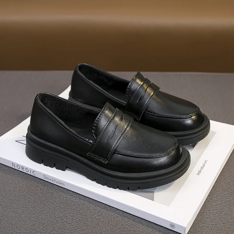 

New Childrens Spring Autumn Leather Shoes Girls Student Performance Casual Soft Soled Shoes Boys Low Heels Solid Color Kid Shoes