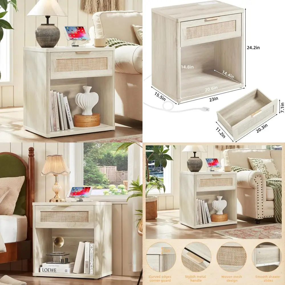 

Серо-белая широкая тумбочка в стиле бохо 23, зарядная станция и ящик для спальни, гостиной и прихожей