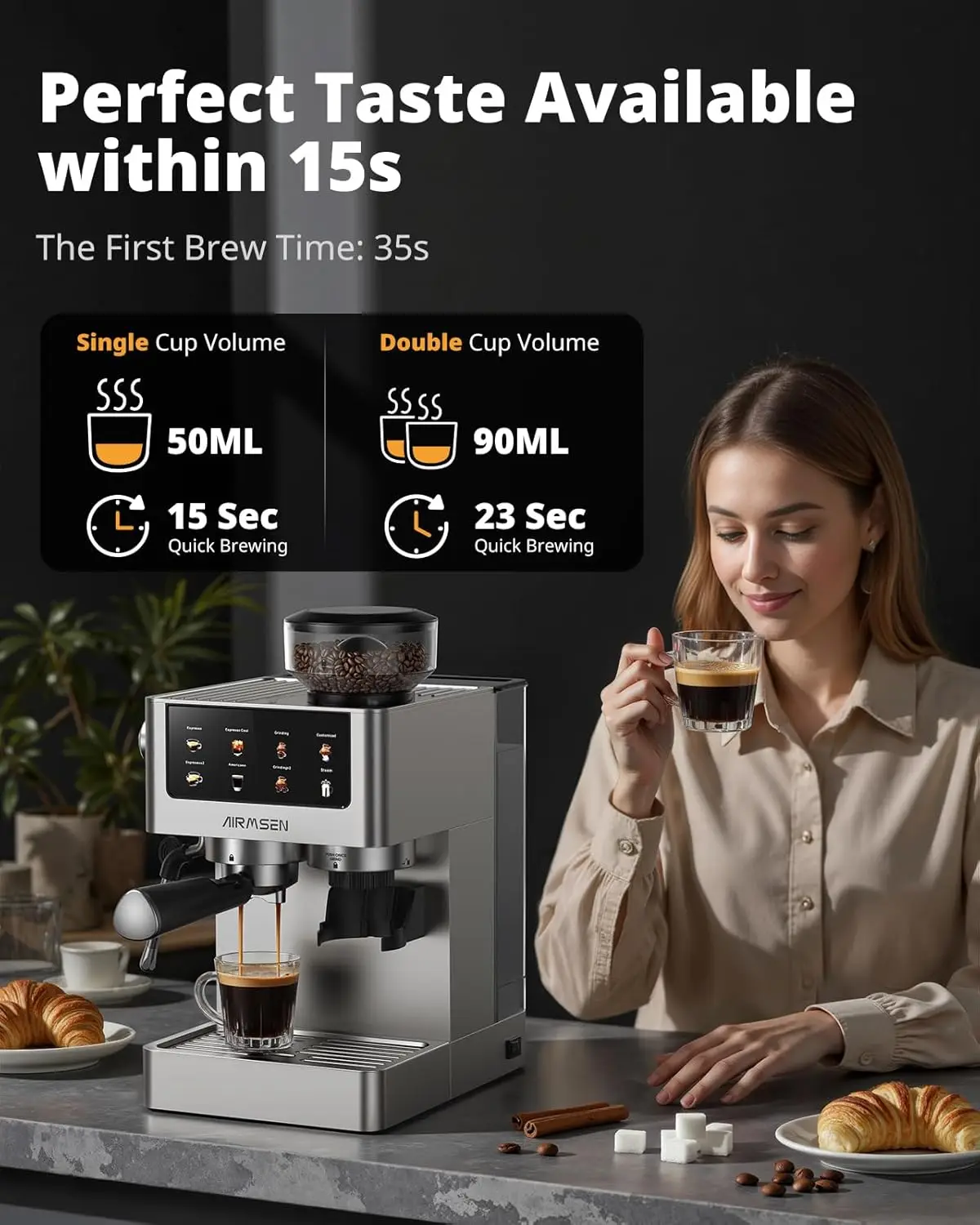 Espresso Machines with Burr Grinder, 20 Bar, Milk Frother Steam Wand, Stainless Steel Coffee Maker for Home - Cappuccino
