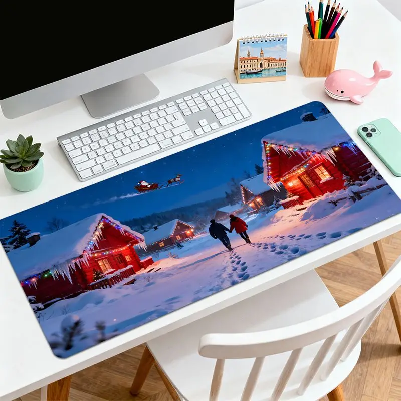 VIKAMA Christmas Snow Cabin Couple Santa Sleigh Desk Mat Mouse Pad Quick Dry Non Slip Gaming Gift For Coworkers Home Decor