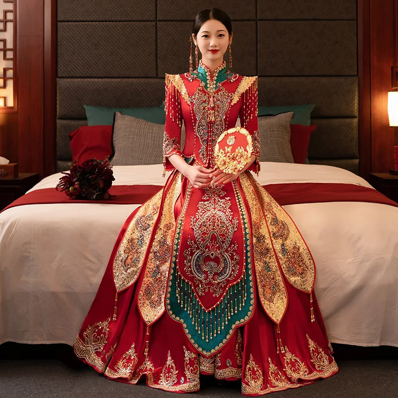 Yourqipao Disfraz Chino Oriental Traditional Wedding Suit Cheongsam Dress Set Chinese Xiuhe Elegant Bride китайская одежда