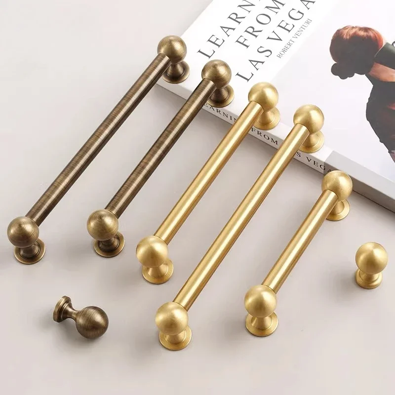 

French Light Luxury Drawer Long Pulls Solid Brass Cabinet Round Knobs Cupboard Handles Furniture Hardware Kitchen Accessories
