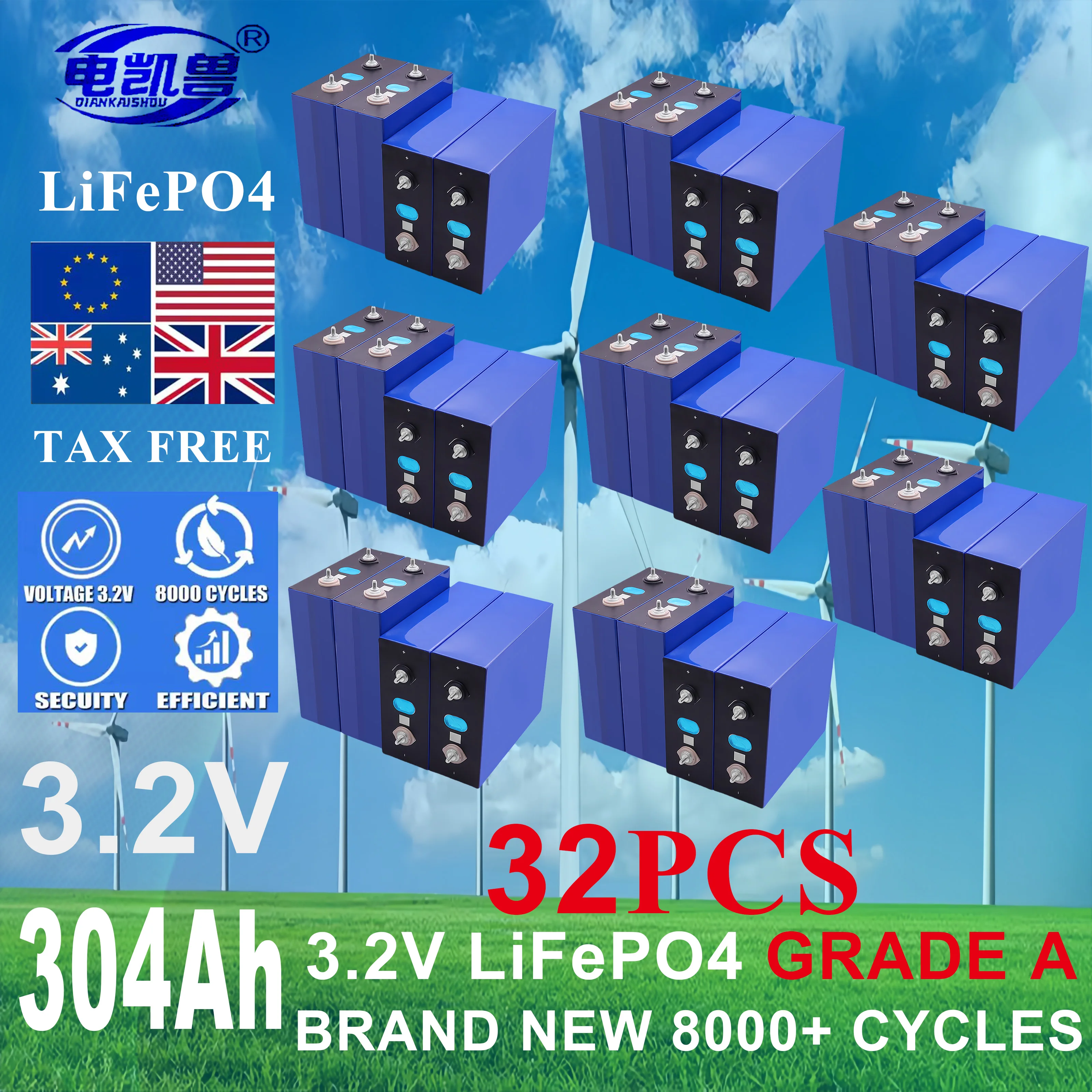 

32 pcs 3.2V 304Ah 8000 cycle LiFePO4 battery DIY 12V 24V 48V for Electric car RV Campers Golf Cart Off-Road Solar Wind TAX FREE