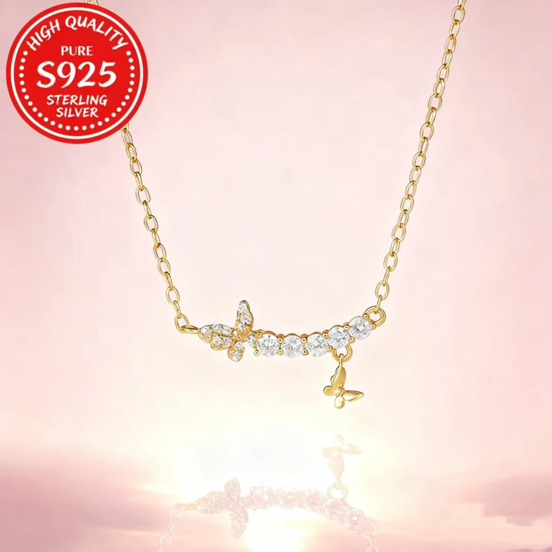 

S925 Silver 18K Gold Plated Zircon Butterfly Necklace, Minimalist Niche Clavicle Chain Birthday Christmas Gift for Women