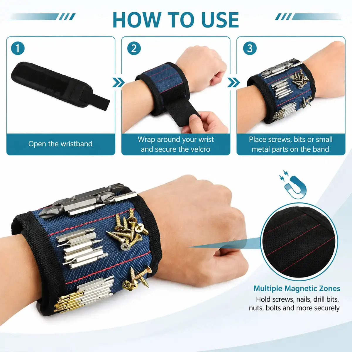 LANKE 1PC Magnetic Tool Wristband for Screws Nails Nuts Drill Bits Adjustable Hands Free Home Repair Organizer Black Red Blue gallery 5