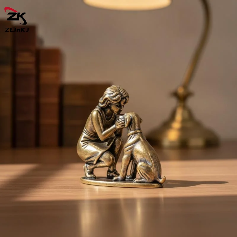 (ZYDD01) 1Pcs Brass Girl Dog Figure Home Desk Ornament Retro Figurine Small Decorative Crafts Creative Decor - view 6