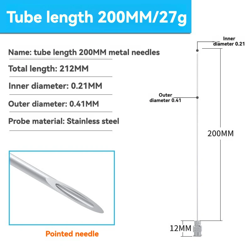 Aguja dispensadora de metal puntiaguda de 7,78 pulgadas, accesorios de inyección, longitud de 200mm, aguja dispensadora extendida