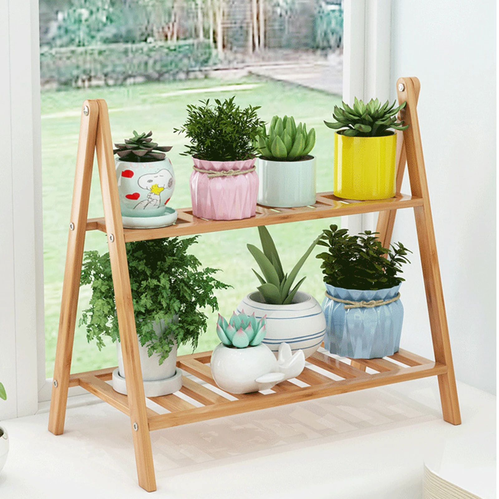 Flower Shelf Hollow Bamboo Plant Stand Multi-layer Decoration Household Trapezoidal Design Floor-standing Flowerpot Holder