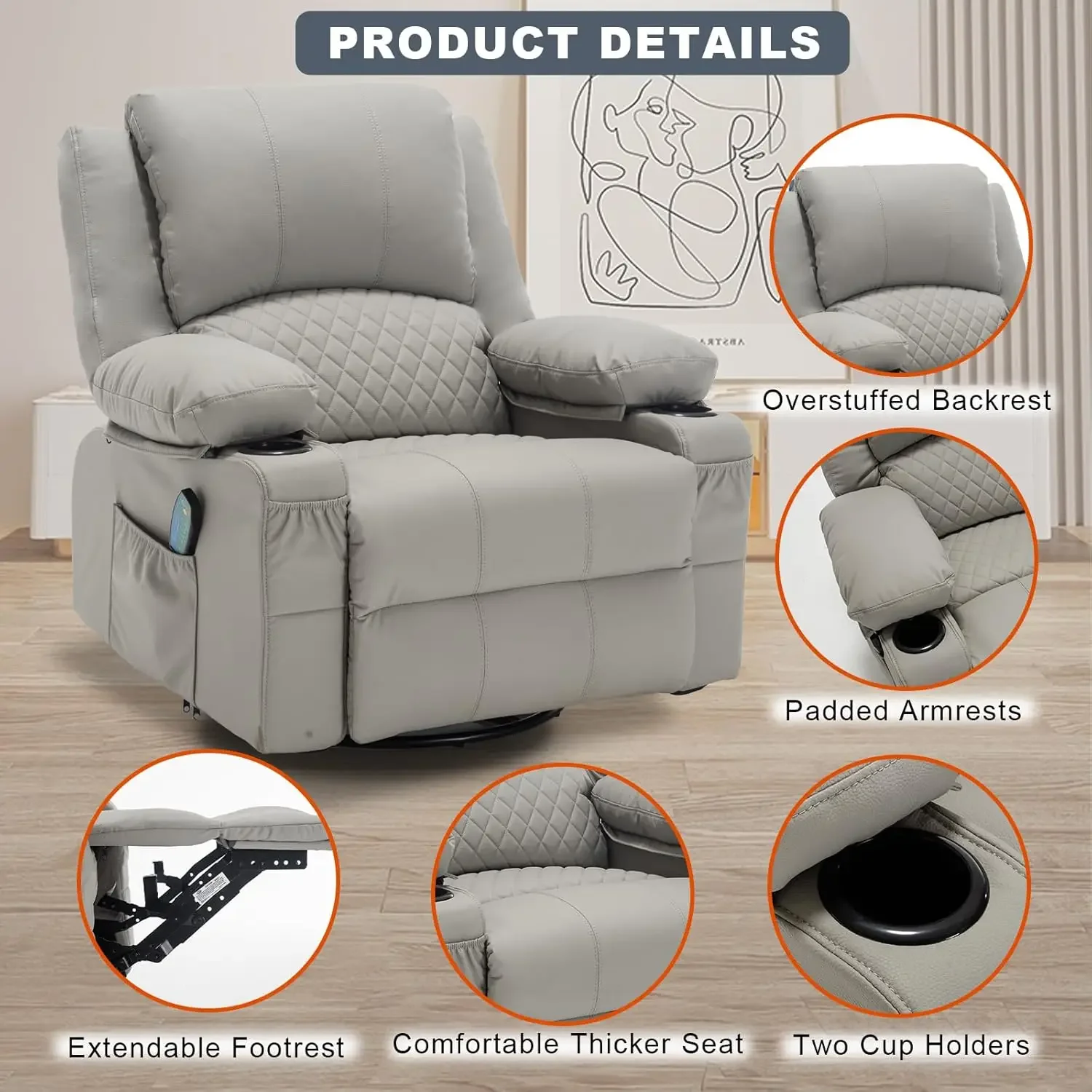 [متجر هيلونج] كراسي هزازة للتدليك مع كراسي يدوية مريحة من الجلد الصناعي الحراري مع حاملات أكواب، G