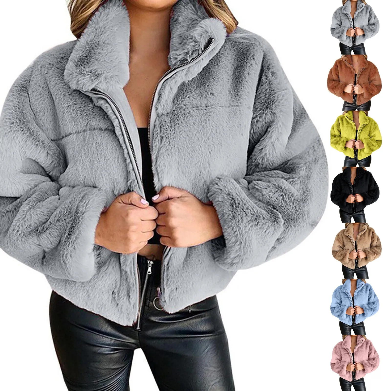 Women Plush Short Jacket 2024 Autumn Winter Thicken Warm Coat Female Fashion Rabbit Faux Fur Zipper Stand Collar Outerwear