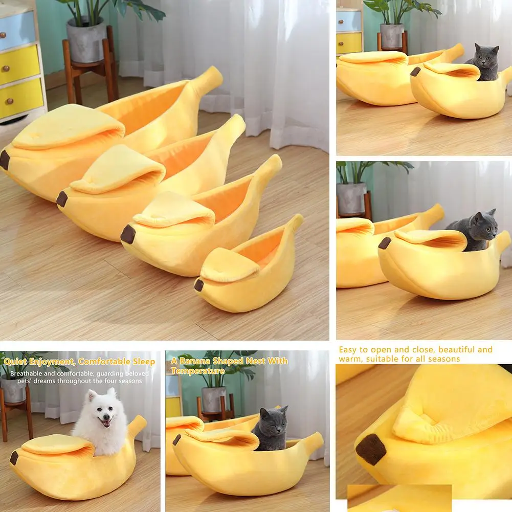 Creative Banana Boat Pet Warm Soft Mattress Semi-enclosed Cotton House Comfor And Hamster Mat Elastic Cat Dog Sleeping Soft N3V8