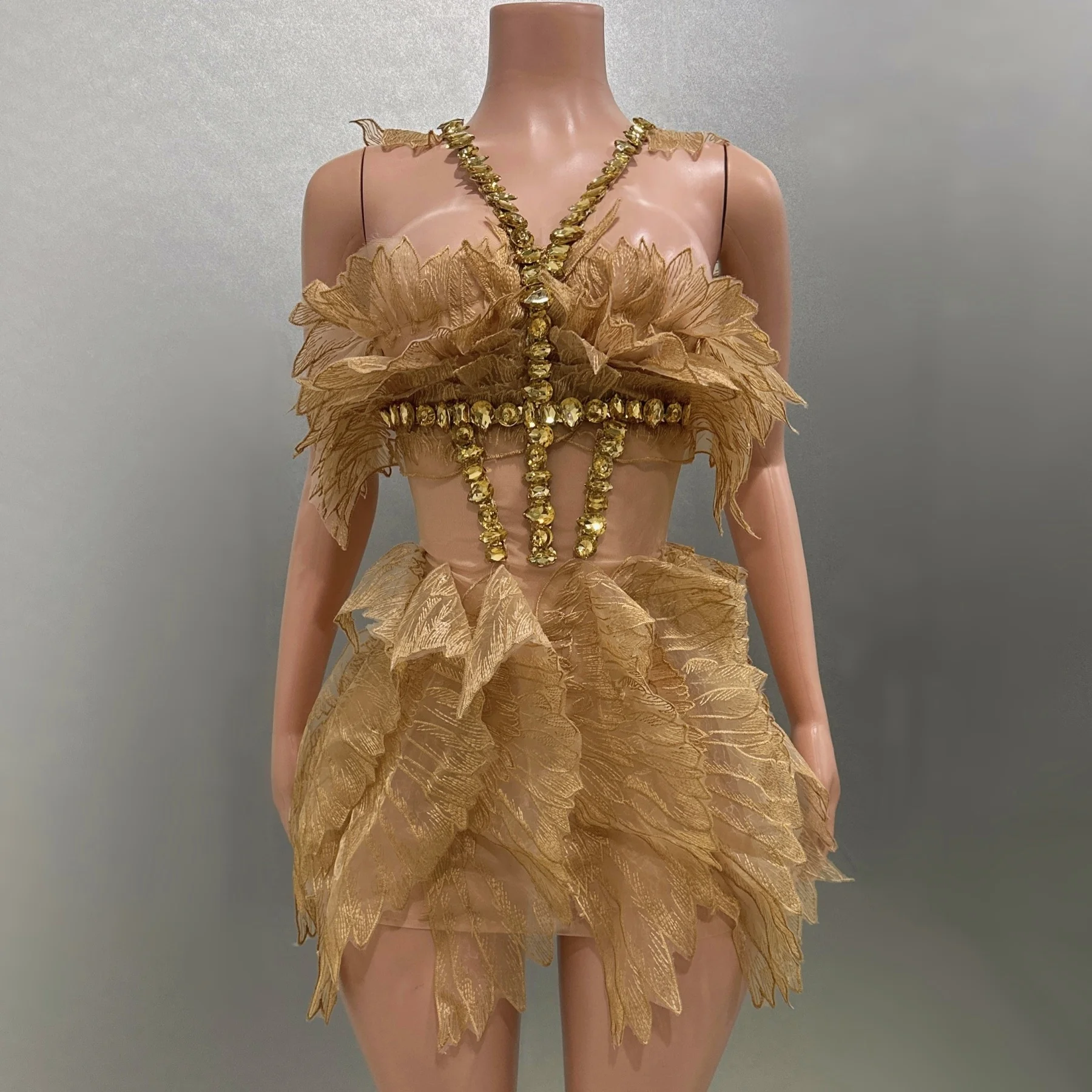 Mini robe en dentelle dorée avec biscuits clignotants pour femme, costume de performance, tenue de scène, séparés euse, chanteuse, fête d'anniversaire, soirée