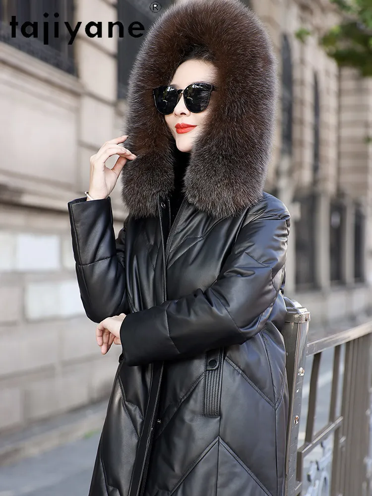 TAJIYANE トップレイヤーシープスキンホワイトグースダウンコート女性用フォックスファー襟付きパファージャケットロングフード付きコート2026冬服 가죽자켓