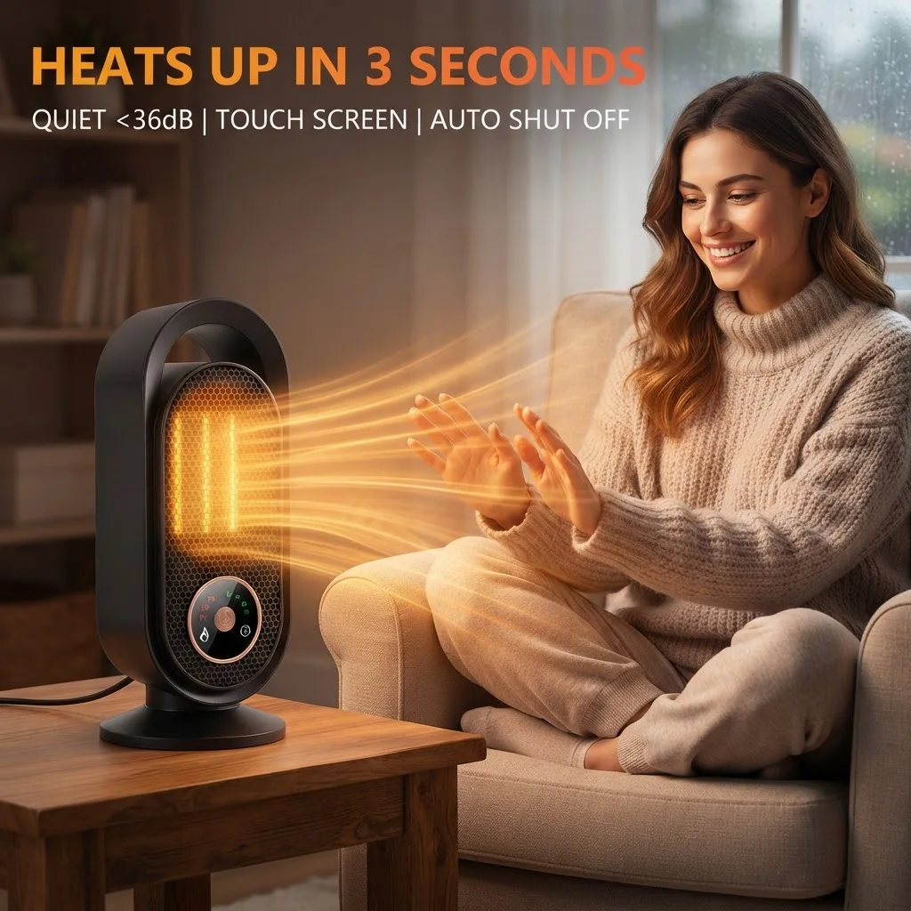 Portable Space Heater PTC Ceramic 3 Heat Settings 4 Timer Touch Screen Tip Over Auto Shut Off Fast Heating Quiet For Home Office