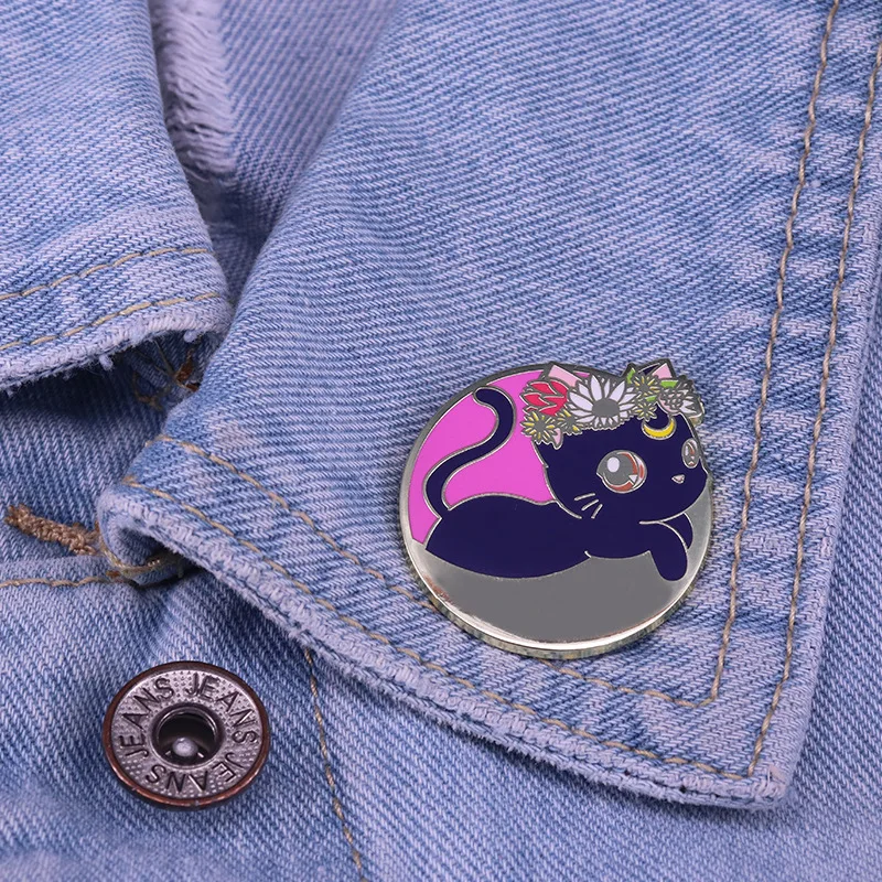 Beautiful Sailor Moon Cat Hard Enamel Pin Cute Cartoon Animal Flower Moon Black Cats Brooch Medal Unique Backpack Jewelry Gifts image 3