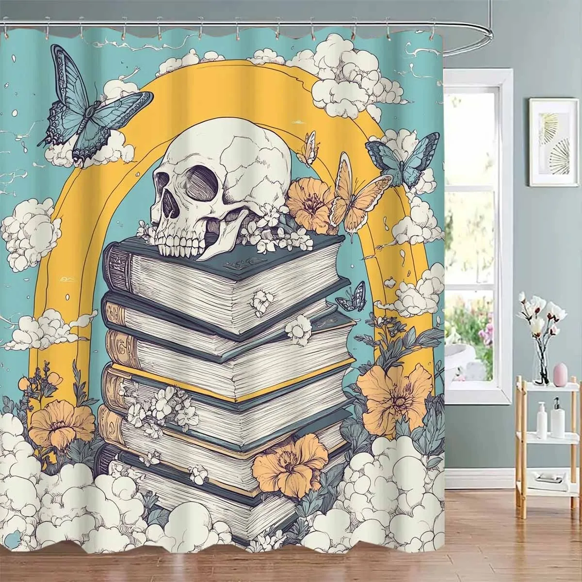 

1 шт., винтажная оконная книга, бабочка, цветок, череп, серия занавесок для душа - с 12 крючками, можно стирать в машине, подходит