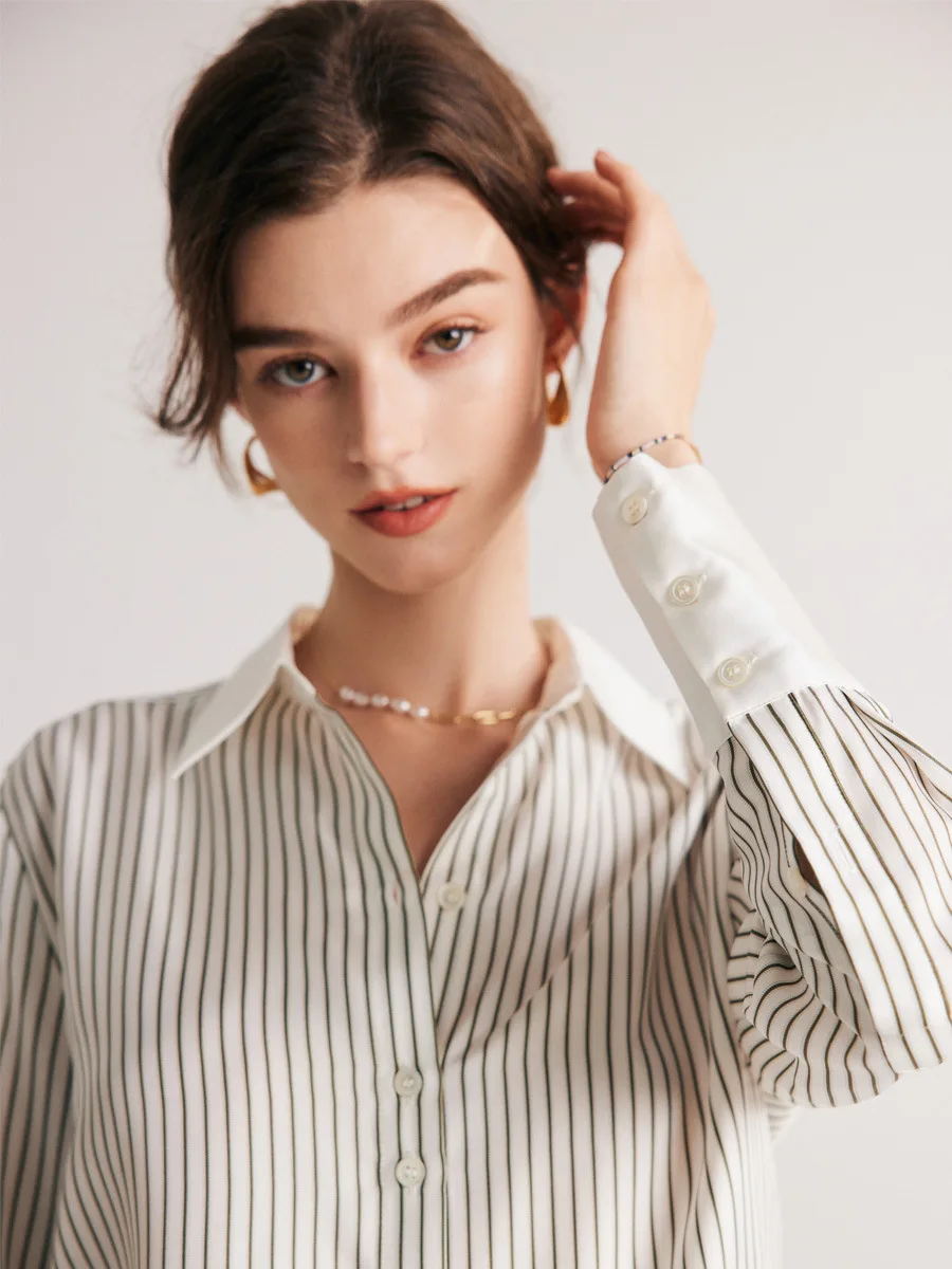 Birdtree 100%Mulberry Silk Striped Shirt Women\'s Spring/Summer 2023 New Long Sleeve Polo Printed Office Lady Blouses T38360QC