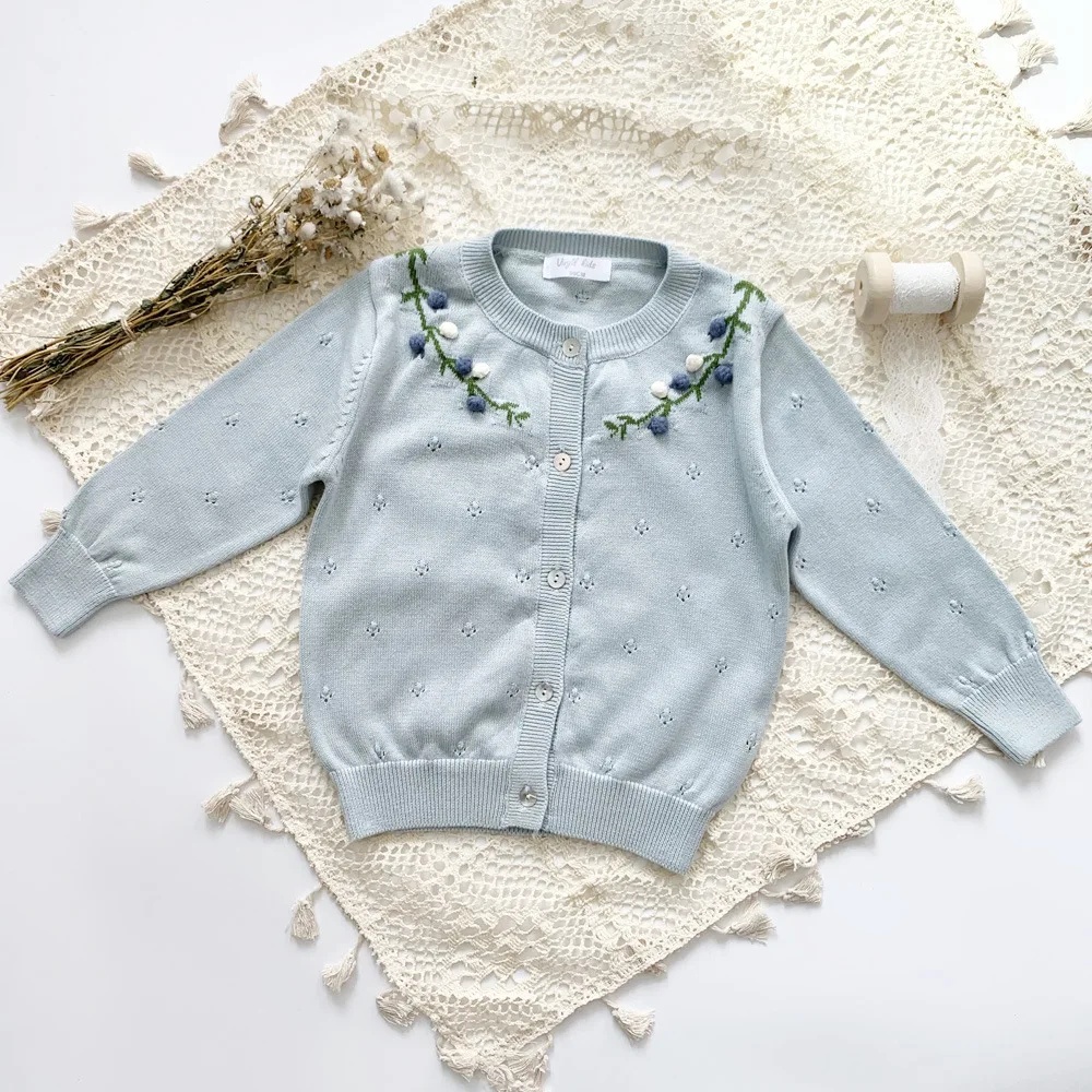 Baby Girls Cardigan With Hand Embroidery Toddler Knitted Top Kids Air Conditioning Clothes 2-7Y