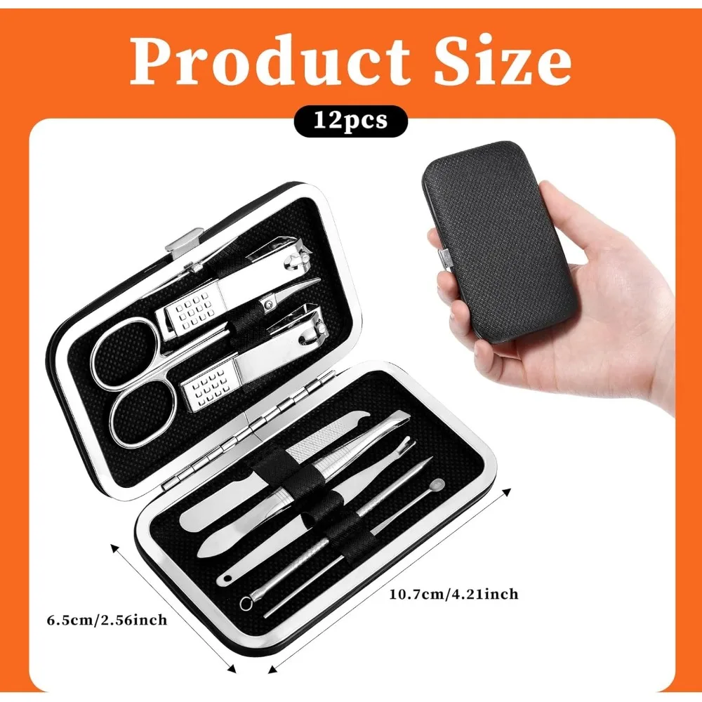 12 juegos de manicura, cortaúñas a granel, kit de pedicura para hombres, kit de pedicura para el cuidado de uñas con estuche de viaje 8 en 1 de acero inoxidable
