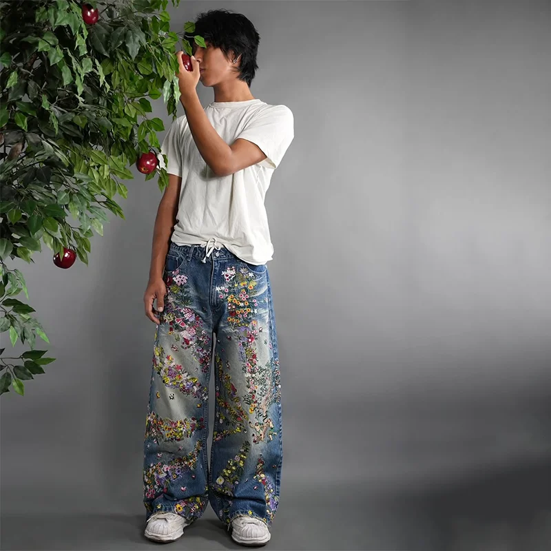 Y2K Jeans lavati vintage con motivo floreale artistico ricamo a vita alta jeans larghi a gamba larga tendenza uomo donna moda streetwear