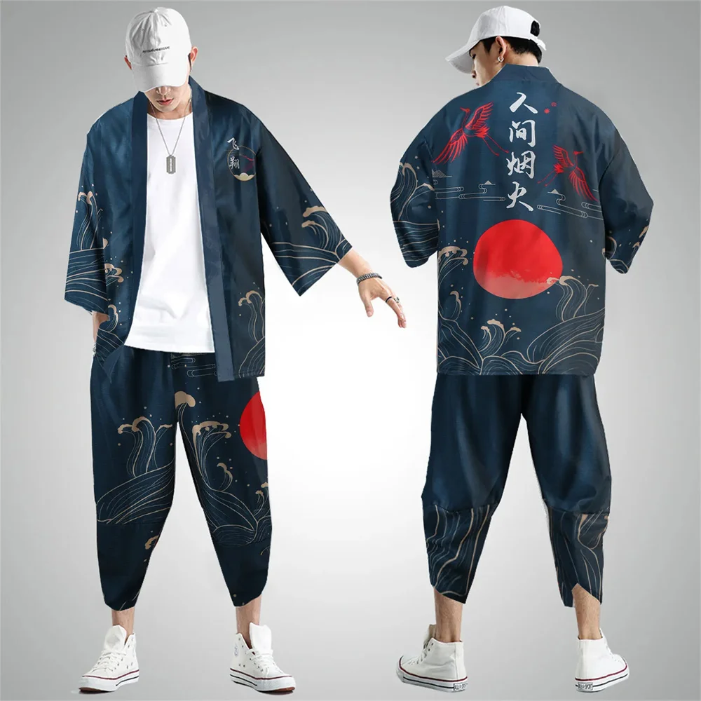 

Two-piece Suit Kanagawa Wave Crane Japanese Cardigan Women Men Cosplay Yukata Clothing Harajuku Samurai Kimono + Pants Sets