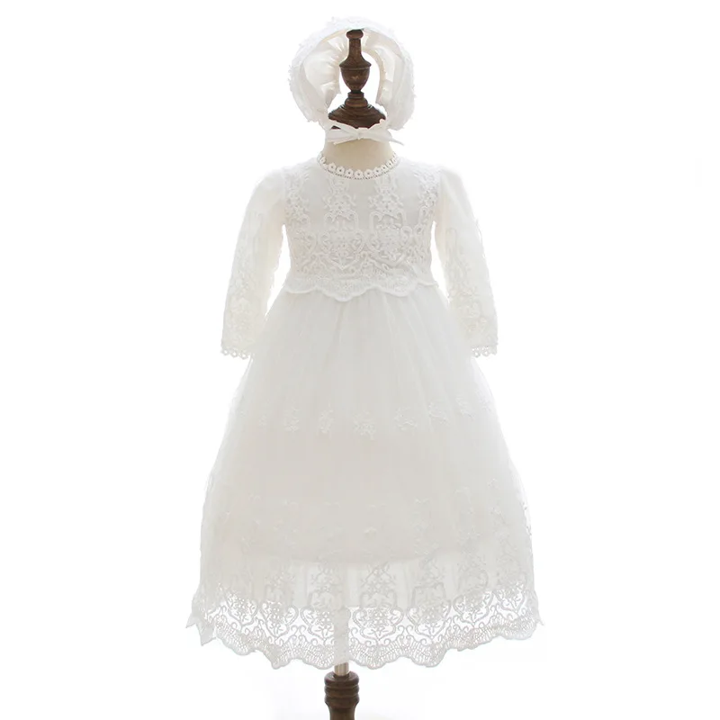 Vestido de bautizo de encaje alargado para niñas pequeñas, vestido de novia, blanco, 0 a 2 años