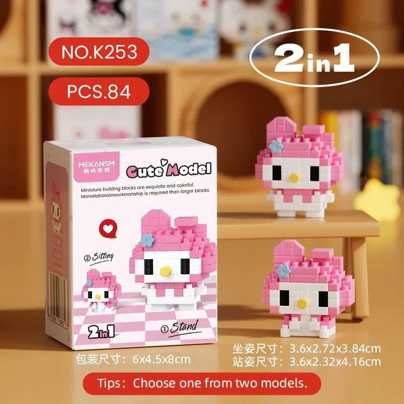 Miniso Sanrio Building Blocks Brinquedo, Personagem de Anime de Desenhos Animados, Hello Kitty, Partícula Pequena, Modelo de Construção, Presente para Crianças