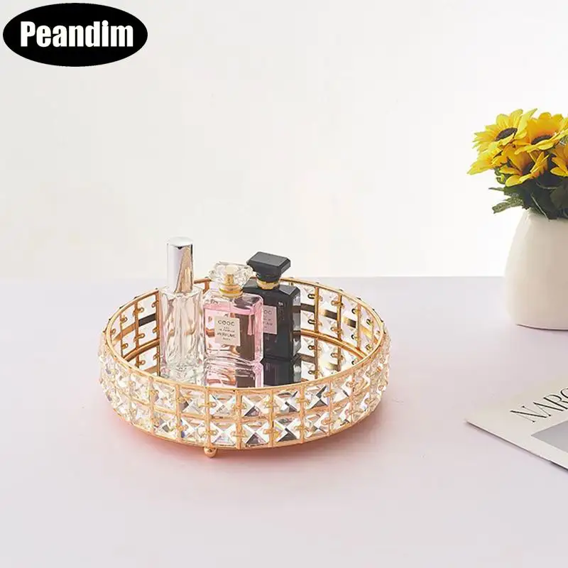 

PEANDIM Gold Crystal Cake Stand Mirror Cupcake Dessert Display Make Up Tray Tools Wedding Event Birthday Home Storage Tray Decor