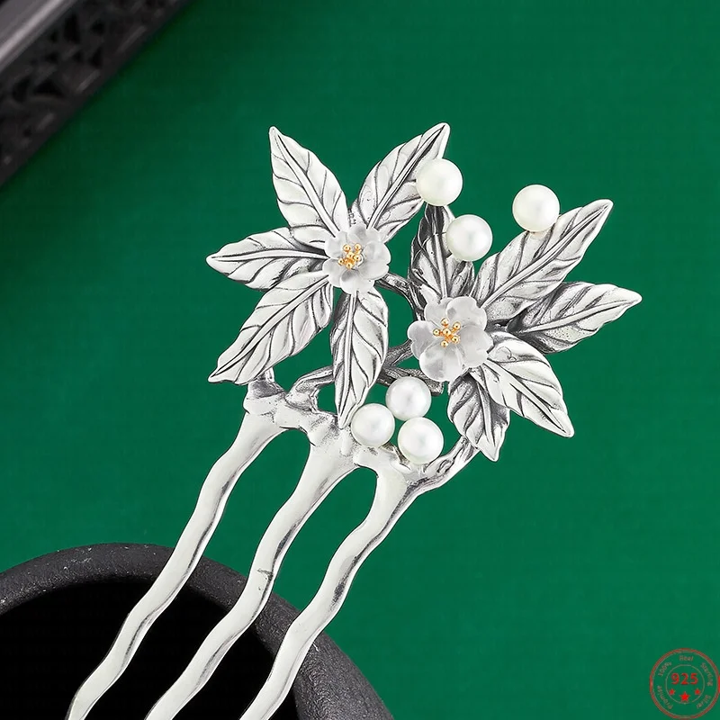 S925 Sterling Silver Hair Sticks for Women Retro Maple Leaves Inlaid Pearl White Crystal Hair Forks Hairpin Jewelry Wholesale