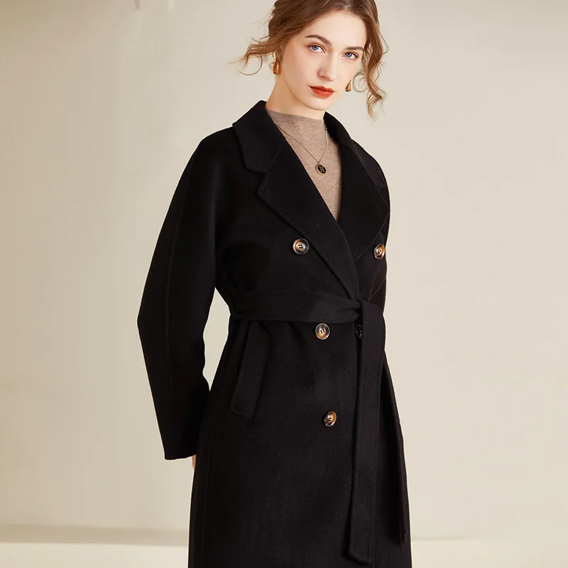 WinvyNee 2024 Winter Long Women Wool Coats with sashes Double-sided Camel Wool Overcoat Double Breasted Long Coats H1343016