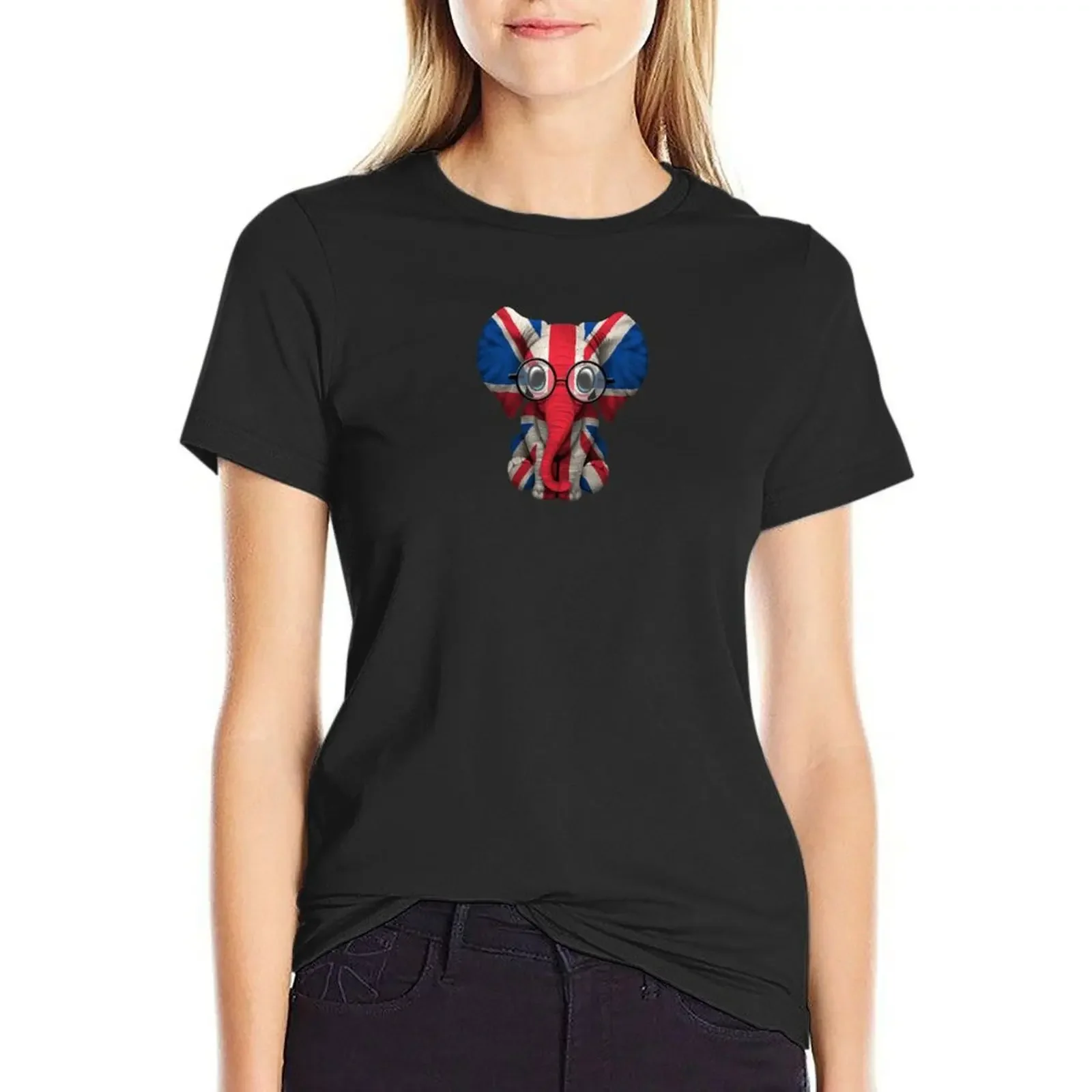 

Baby Elephant with Glasses and Union Jack British Flag T-Shirt plus size tops hippie clothes rock and roll t shirts for Women