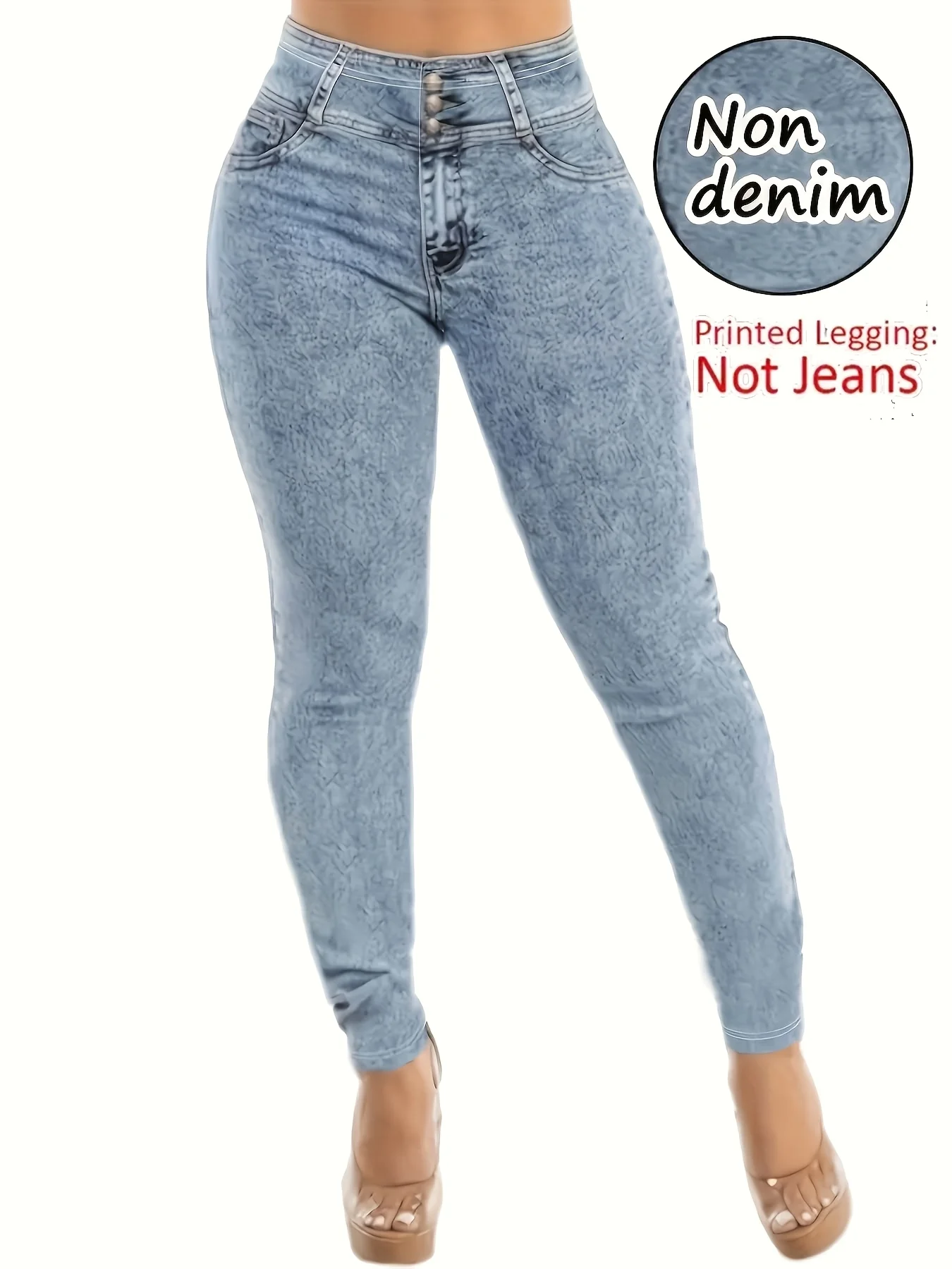 

Fashion Printed Faux Denim Skinny Pants, High Waist Elastic Hip Lifting Tummy Control Outerwear Long Leggings