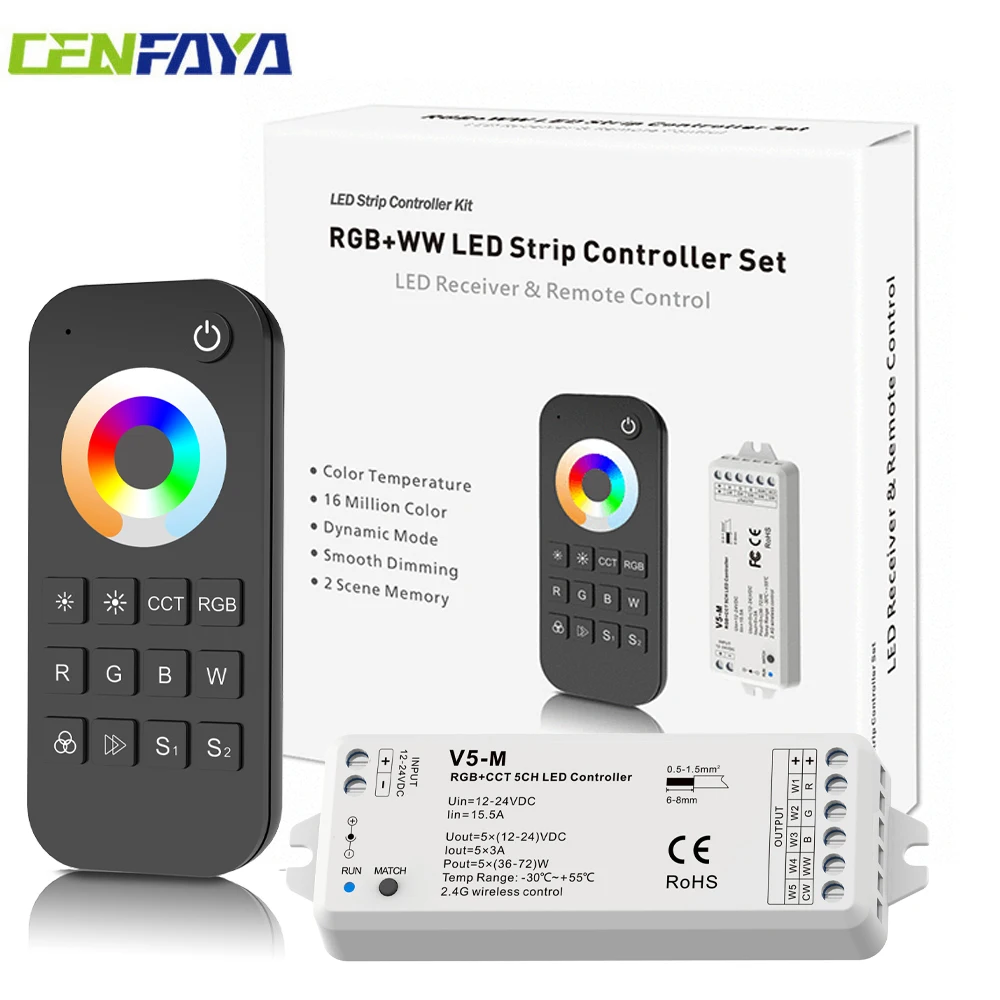 

CENFAYA 2.4G Wireless 5 Channel RGBCCT LED Dimmer with RF Remote Control Dimming 5 in 1 RGBWW CCT LED Strip Controller DC12V 24V