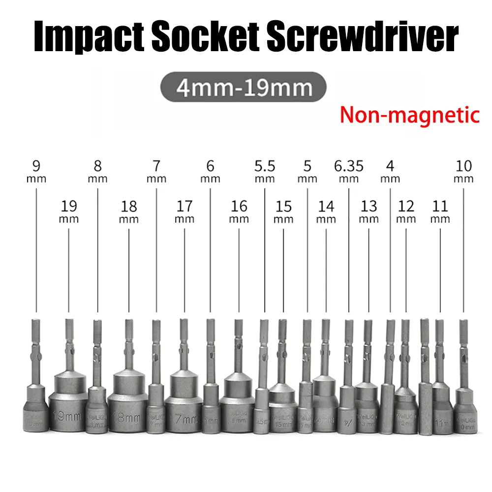 

Impact Socket Non-magnetic Nut Screwdriver 4mm-19mm Hex Key Set Drill Bit Adapter for Power Drills Impact Drivers Socket Kit