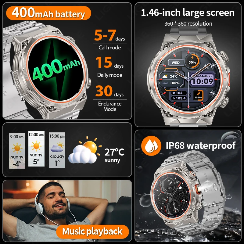 LIGE Smart Bluetooth Call Outdoor Sports IP68 Waterproof 1.46 Inch Screen 400mAh Smartwatch Men 100+ Sport Mode Health Monitor