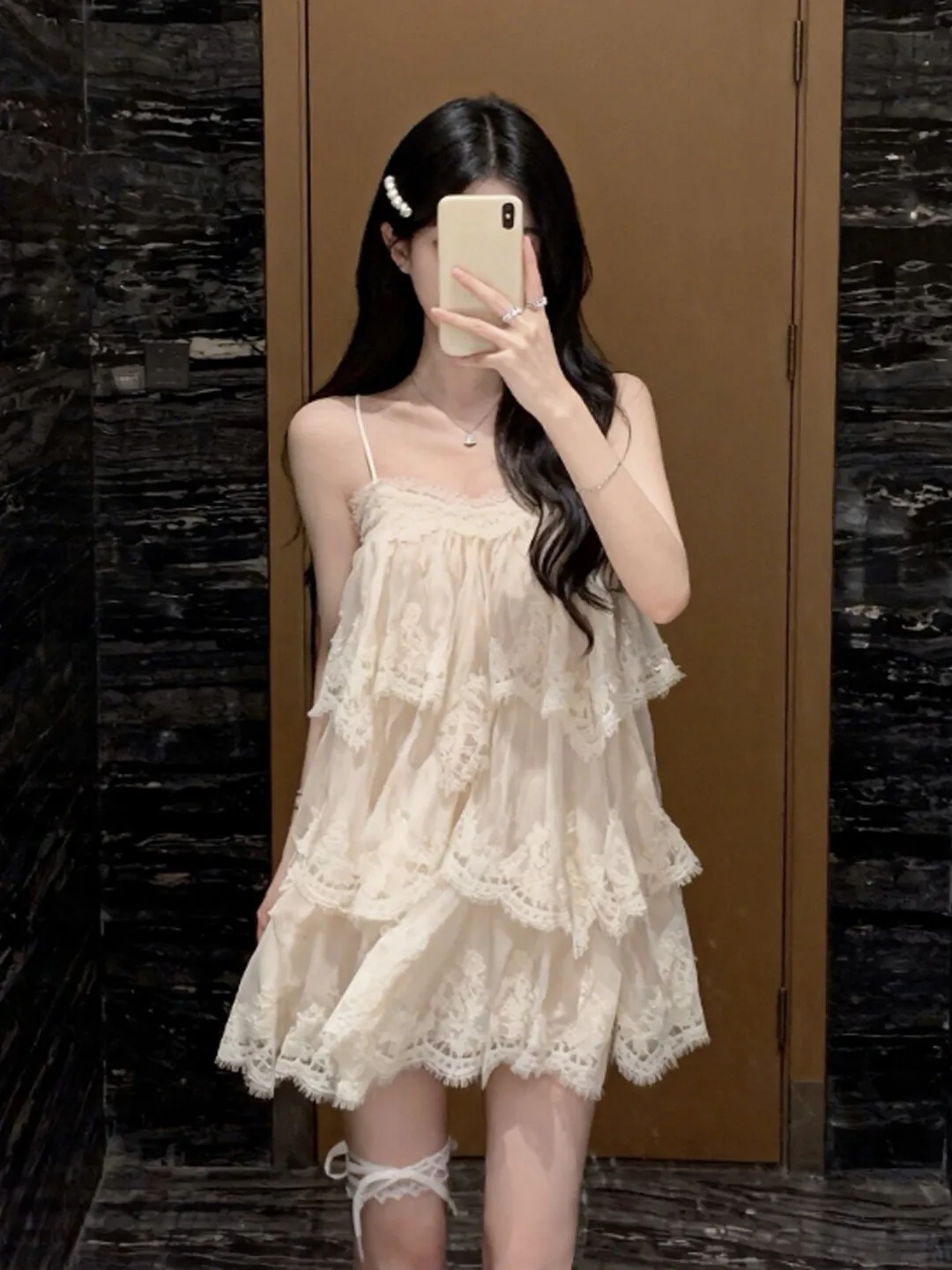 

Gentle Wind Fairy Short Skirt Dress Puffy Strapless Unique Beautiful Summer Cotton Lace Midi Dress for Young Women