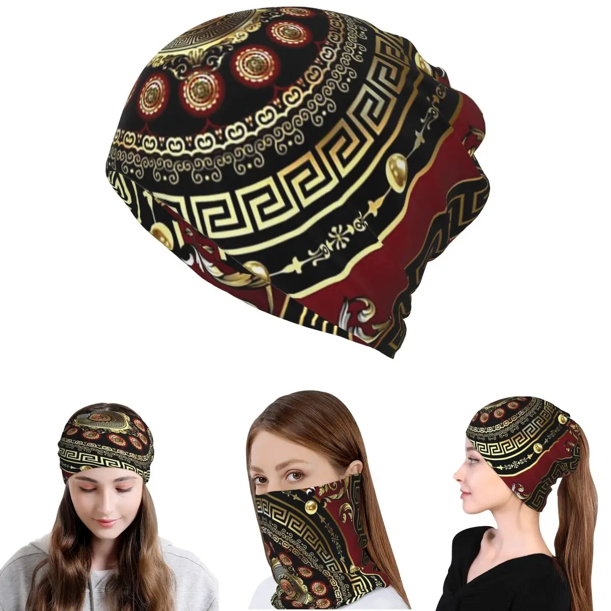 Griechischer Schlüsselmuster-Medaillon-Schal in Rot, Gold und Schwarz, Barock-Bandana, Halstuch, Wickelschal, warmes Stirnband, Mütze für Erwachsene, winddicht
