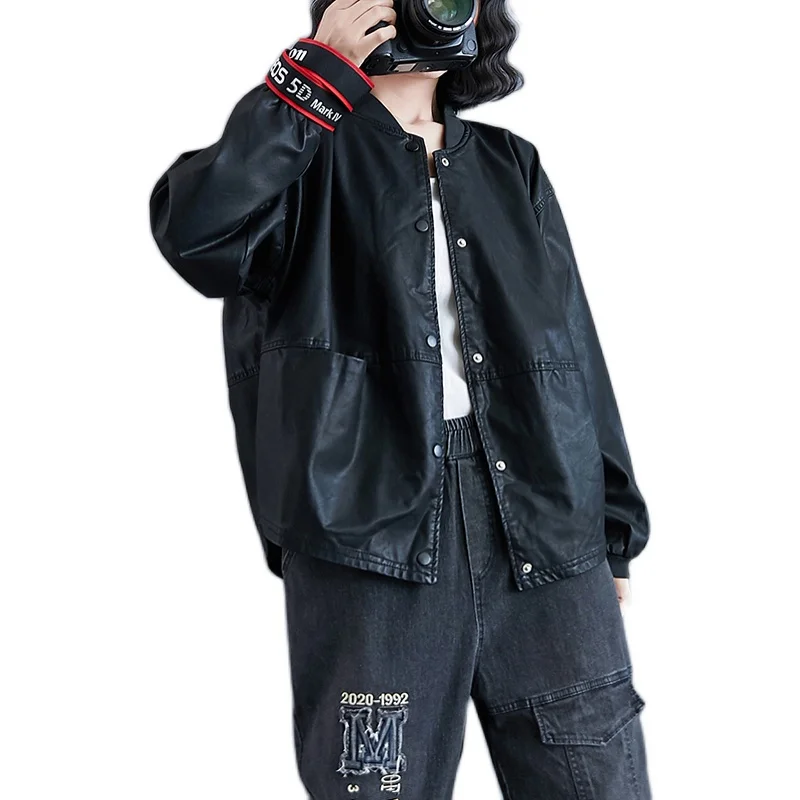 ربيع الخريف 2025 المرأة فضفاضة تناسب السائق Jaet ort سترة مفتوحة زر واحد الوقوف طوق معطف جلد تنوعا الخارجي... #5