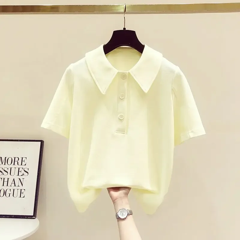 

Футболки для женщин, однотонные, на пуговицах, с высокой талией, с лацканами, с короткими рукавами, полиэстером, Y2K, шикарные топы, лето 202, простота, свободные, повседневные