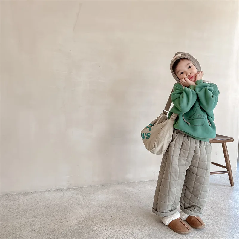 2024 Childrens Winter Wear New Korean Cotton Thickened Casual Pants for Girls Winter Simple Pants