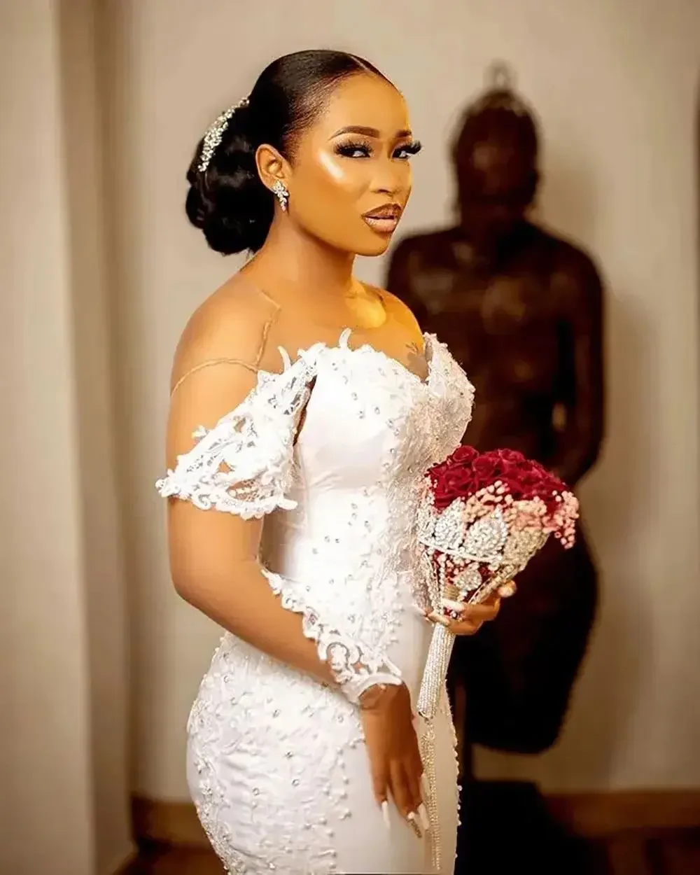 Chérie sirène mariage Dree formelle trompette nouvelle grande taille à lacets noir à manches longues Satin Applique perlée