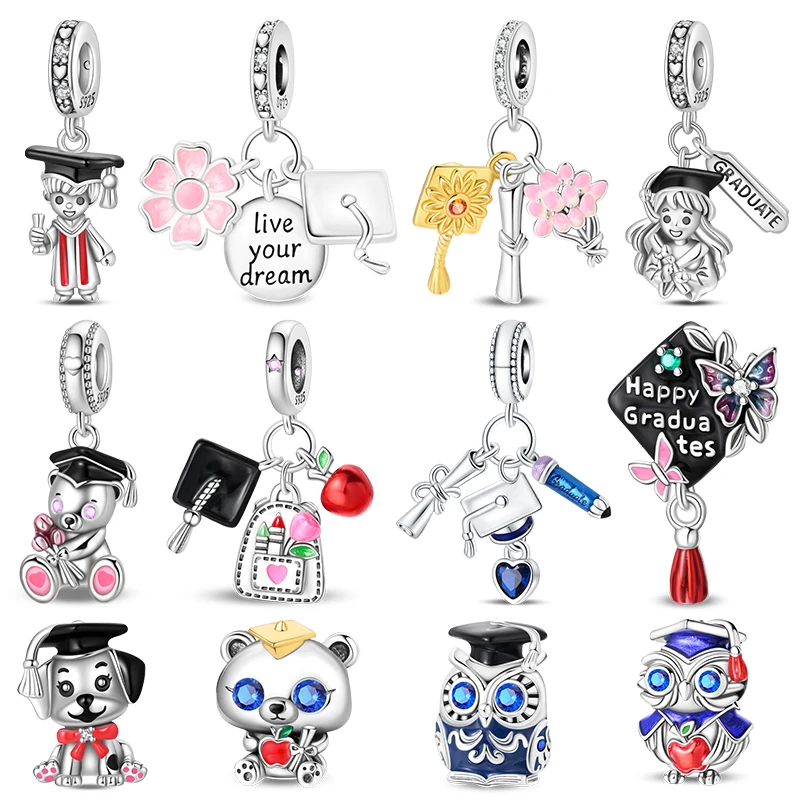 925 Sterling Silver Scholar Charms Bead CZ Zircon Graduation Bachelor's Hat Dangle Fit Original Bracelet DIY Women Jewelry Gift