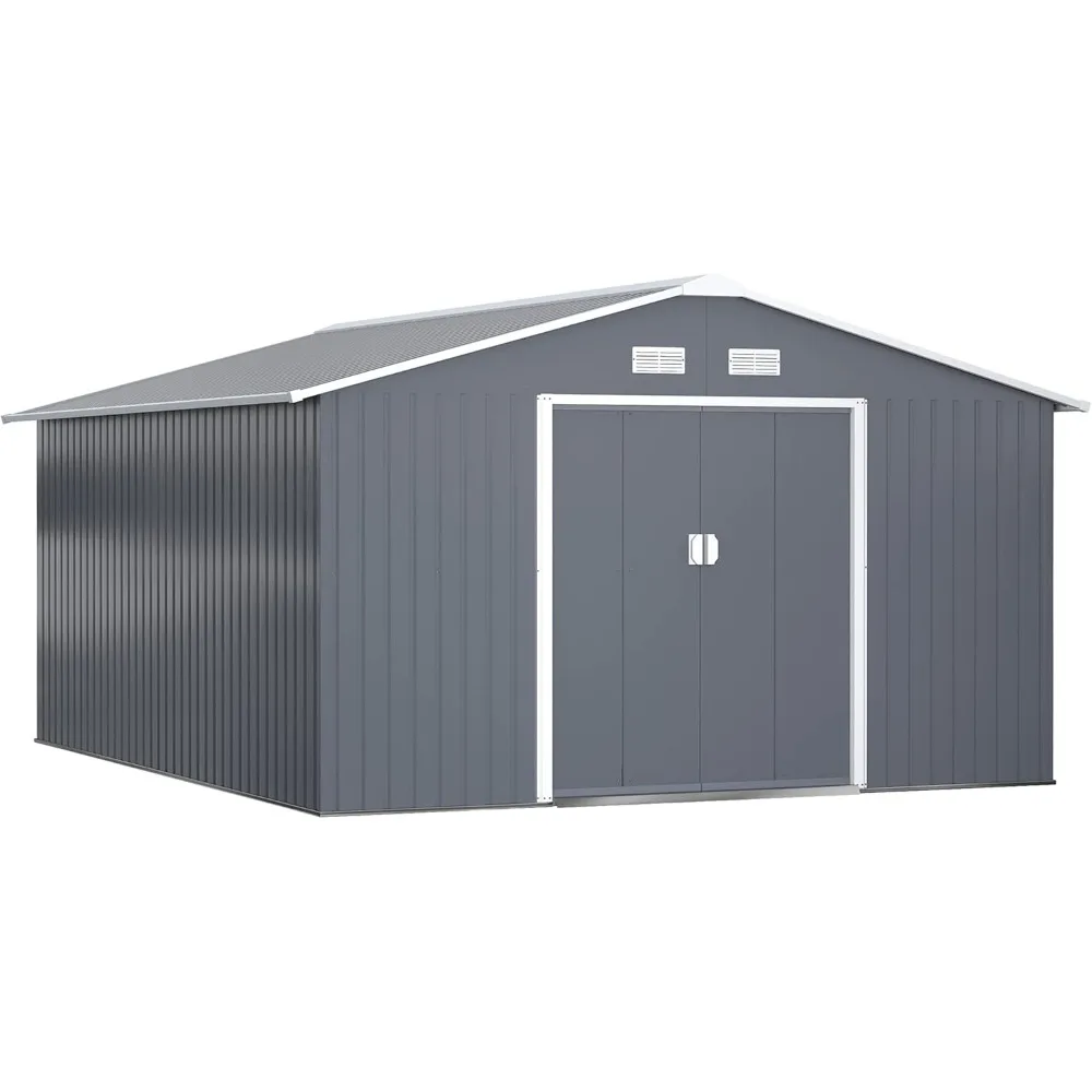 

11' x 13' Outdoor Storage Shed, Garden Tool Metal Shed with Foundation Kit, Double Lockable Door, Air Vents and Sloping Roof, f
