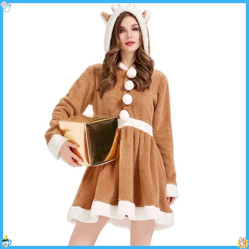 Disfraz de Navidad, Cosplay, bonito vestido de Animal de Reno, color caqui, alce, personalidad, pijamas sueltos de manga larga, falda con capucha de lana Coral