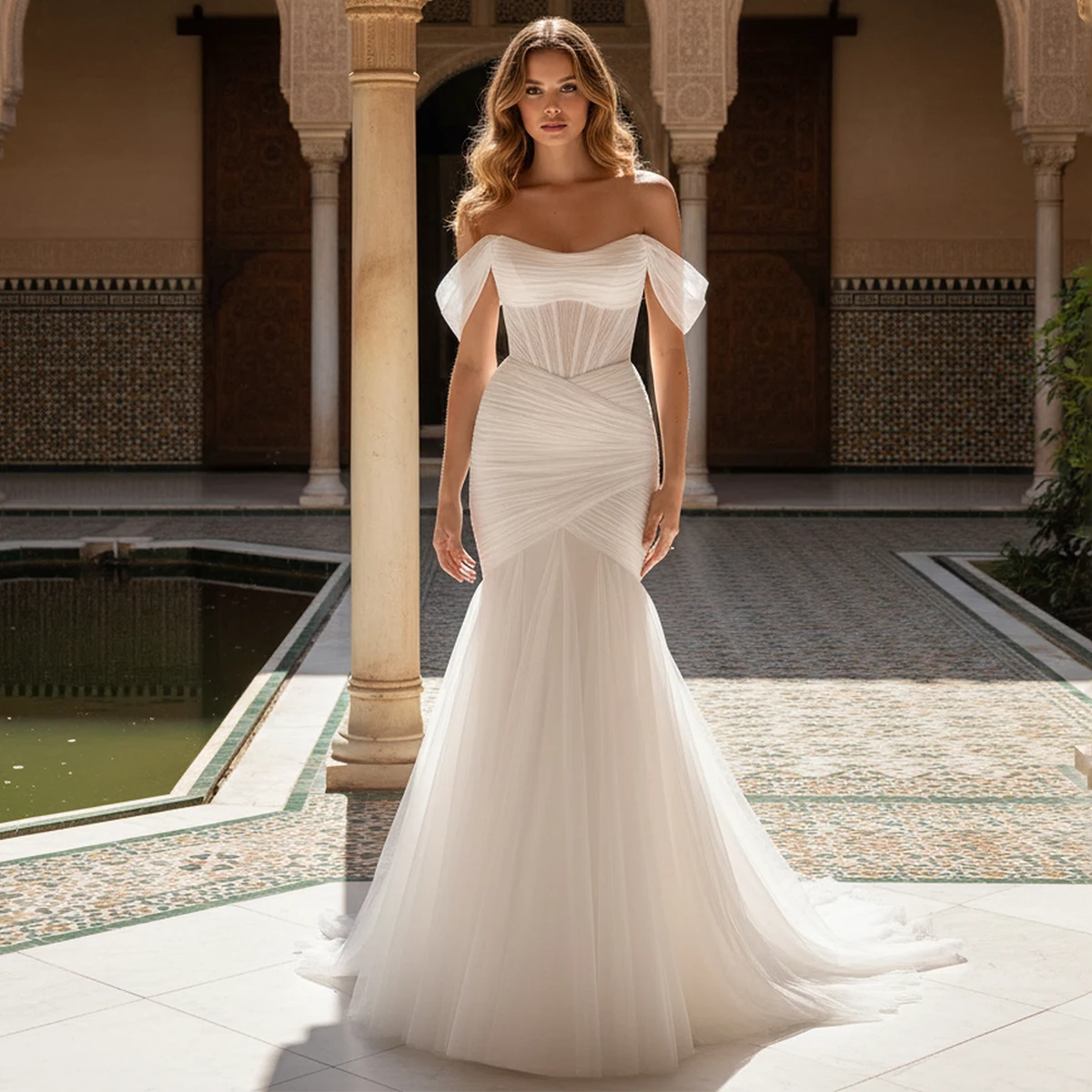

Luxury Tulle Mermaid Wedding Dress For Bride Long Off Shoulder Sheath Bridal Gown For Women Vestidos Novia