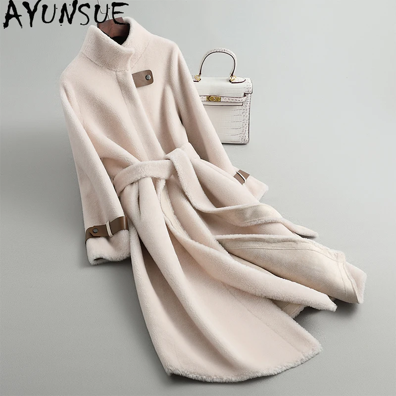 معاطف صوف طبيعي 100% من AYUNSUE للنساء ملابس متوسطة الطول سترة أنيقة شتوية جديدة في ملابس خارجية موضة 2025 Abrigo Mujer
