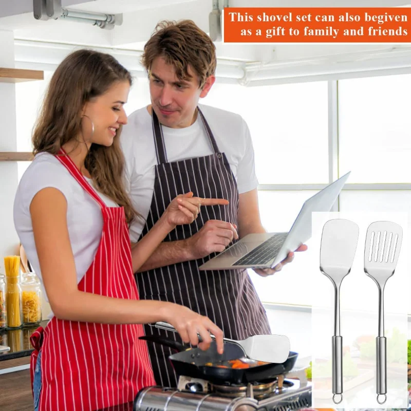 【2-عد من حلقات الفولاذ المقاوم للصدأ】تصميم سميك للغاية بمقبض مجوف، ملعقة من درجة المطاعم للمقالي غير اللاصقة