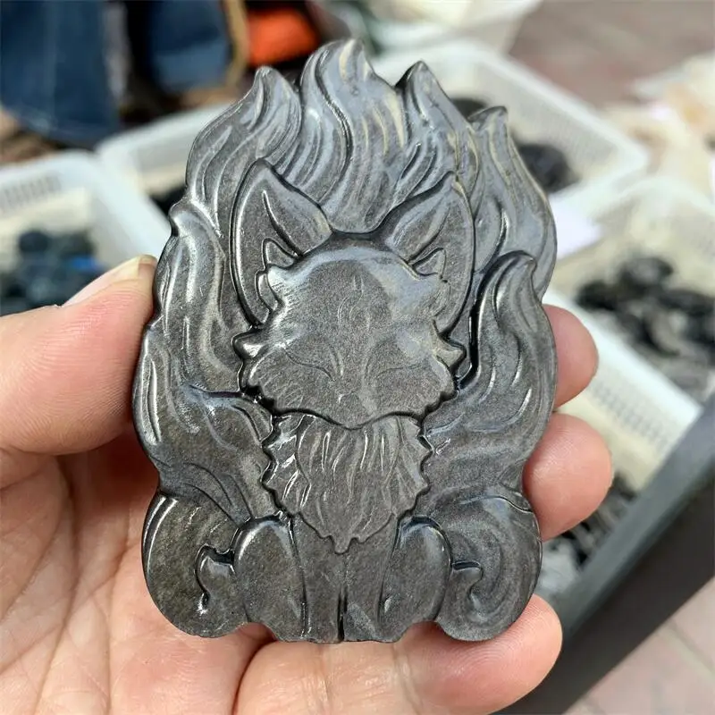 

Natural Silver Obsidian Fox Fairy Carving Gemstone Reiki Healing Stone Lucky Crafts Room Desk Decoration Statue Gift 1PCS